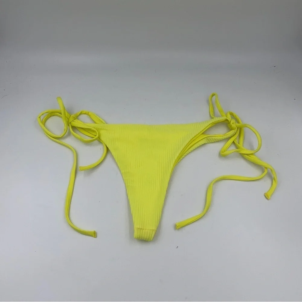 NWOT Frankie’s Bikinis yellow tie plisse ribbed thong bikini bottoms 12528